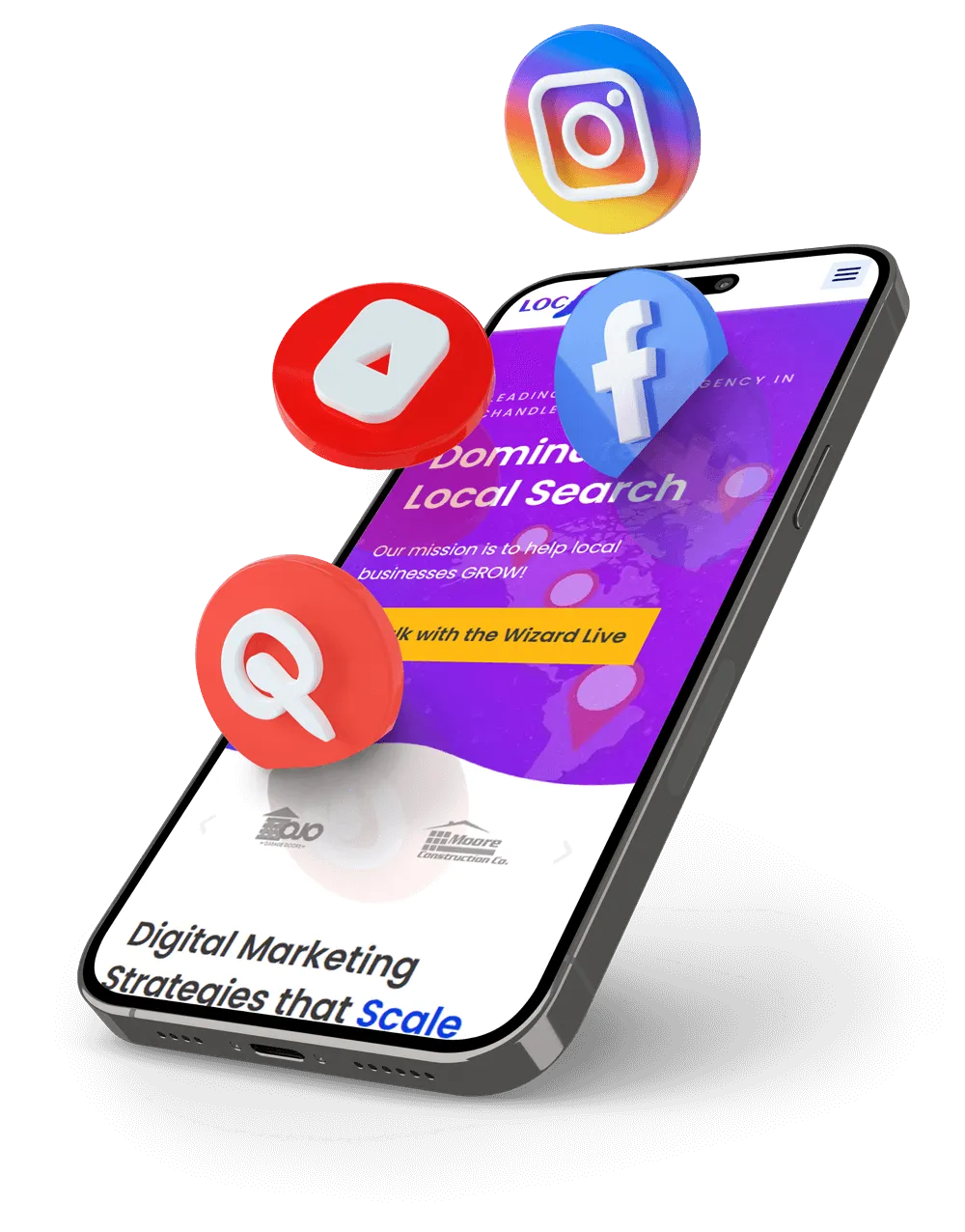 LW branding phone mockup with floating social icons to Sky rise Visibility
